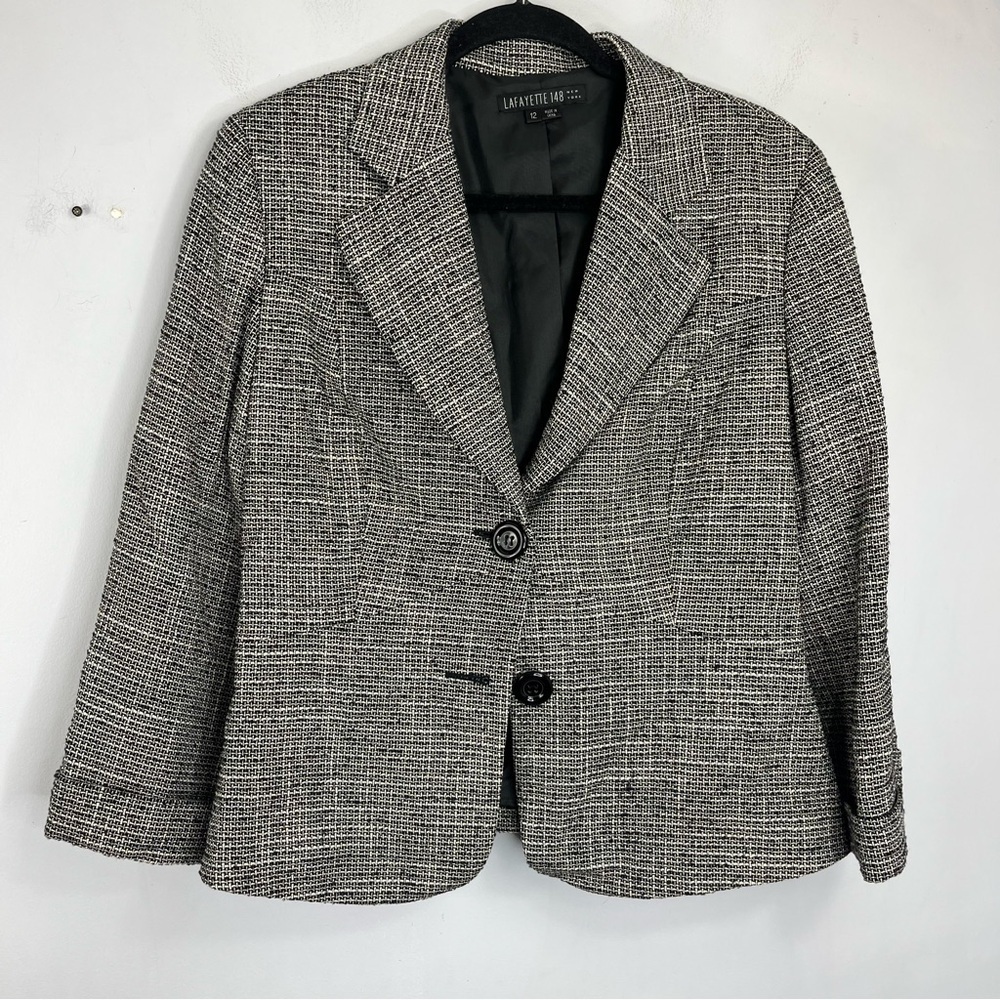 Lafayette 148 Size 12 Wool Blend Tweed Short Mod Blazer Jacket Black White HC